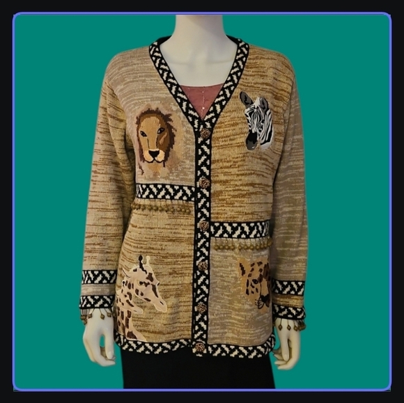 VTG STORYBOOK KNITS 1980s African Tribal Animal Print Marled Cardigan Sweater - Picture 1 of 16